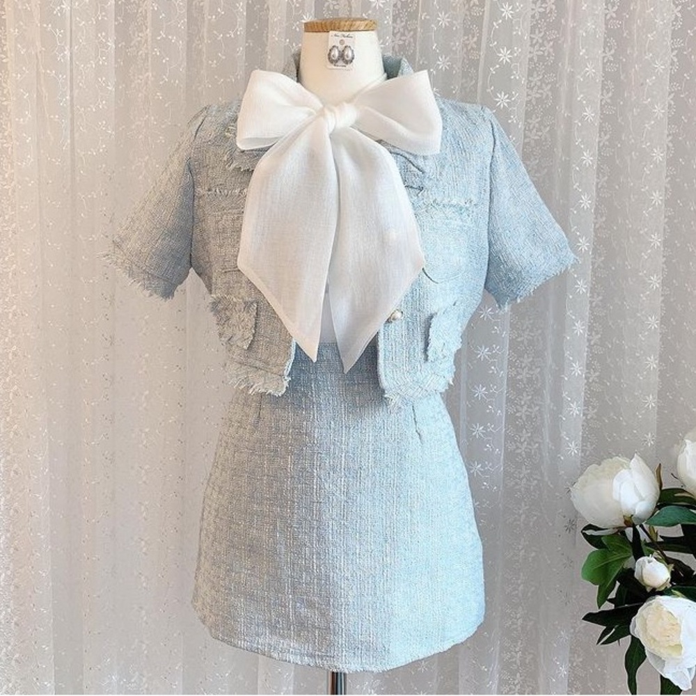 Baby blue tweed pearl skirt set